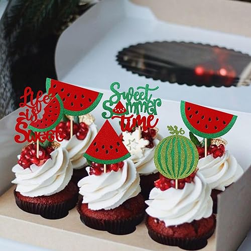 Miniatura 7 de Rsstarxi Paquete de 30 adornos de sandía para cupcakes con purpurina dulce de verano con temática de frutas tropicales para cupcakes temáticos de