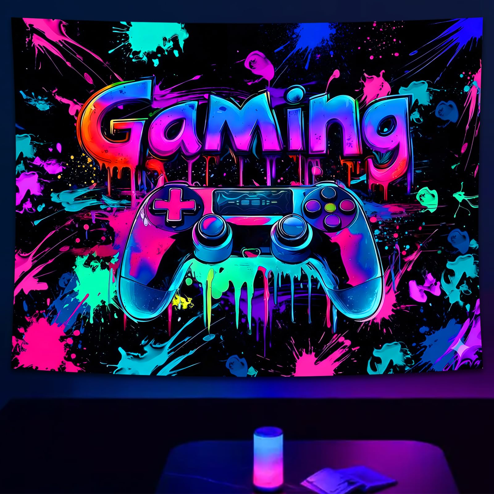 SparkLia Blacklight Gaming Tapestry, UV Reactive Cool Neon Game Controller Wall Hanging, Colorful Graffiti Video Game Wall Tapestries for Teen Dorm Living Room - 130 x 150 cm
