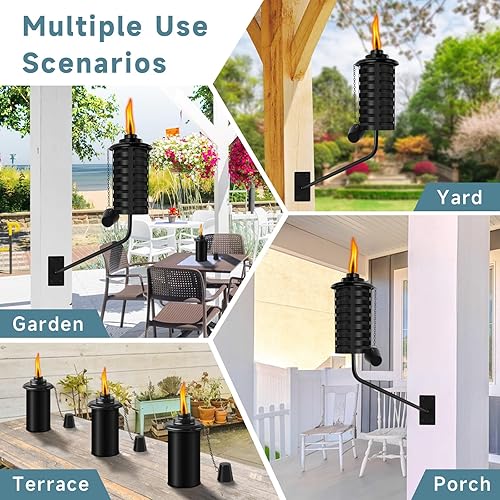 Miniatura 7 de Paquete de 6 antorchas negras de citronela montadas en la pared, 16 onzas, antorchas de metal para exteriores, antorchas de jardín recargables para