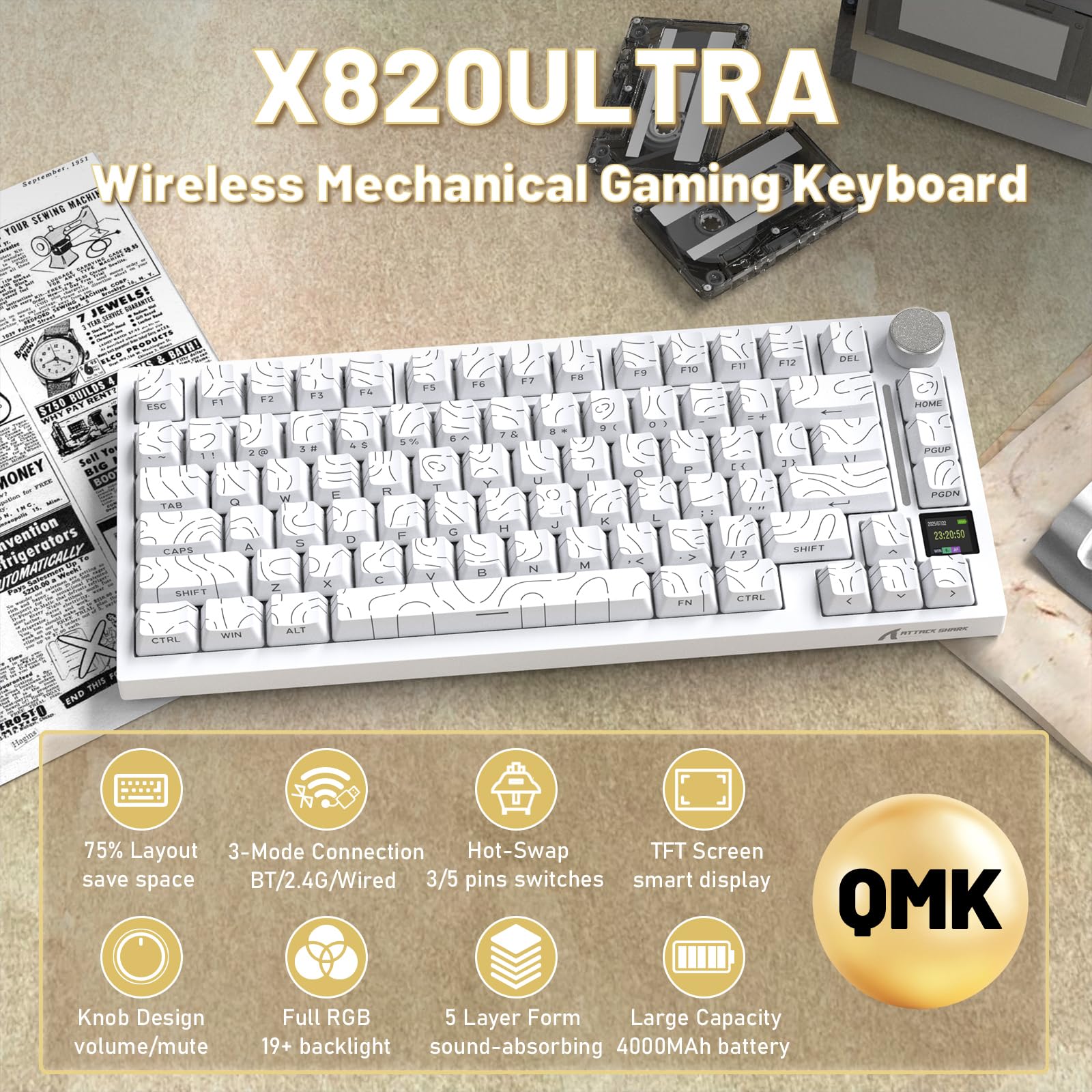 A.JAZZ X ATTACK SHARK X820Ultra Bezprzewodowa Klawiatura Mechaniczna | 2.4G/BT/USB-C, Układ 75% 80 Klawiszy, Kolorowym Wyświetlaczem TFT & Pokrętłem CNC, RGB Hot-Swap, 4000mAh-Biały/Shark Switch