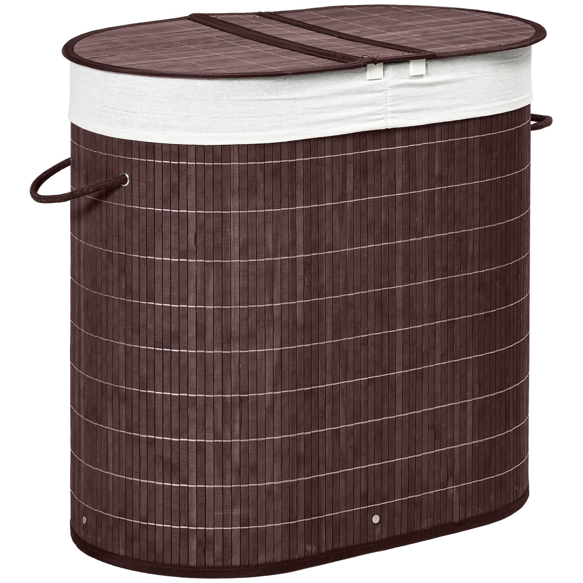 HOMCOM 100L Bamboo Laundry Basket with Lid, 2 Compartments, Handles, Brown