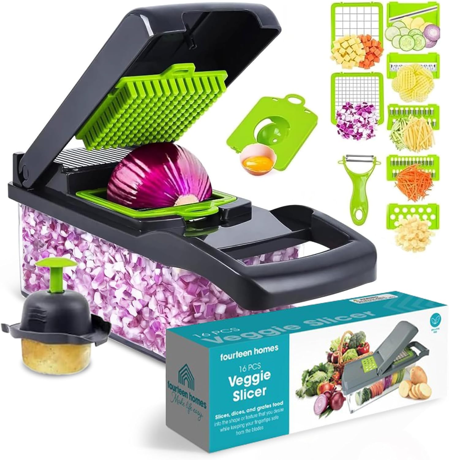 Fourteen Homes Vegetable Chopper with Container – Cheese Grater Hand Crank – Mandoline Slicer for Veggies, Onions, Fruit, Potatoes – Salad Slicer -14 in 1 Veggie Chopper Fourteen Homes Vegetable Chopper with Container – Cheese Grater Hand Crank – Mandoline Slicer for Veggies, Onions, Fruit, Potatoes – Salad Slicer -14 in 1 Veggie Chopper