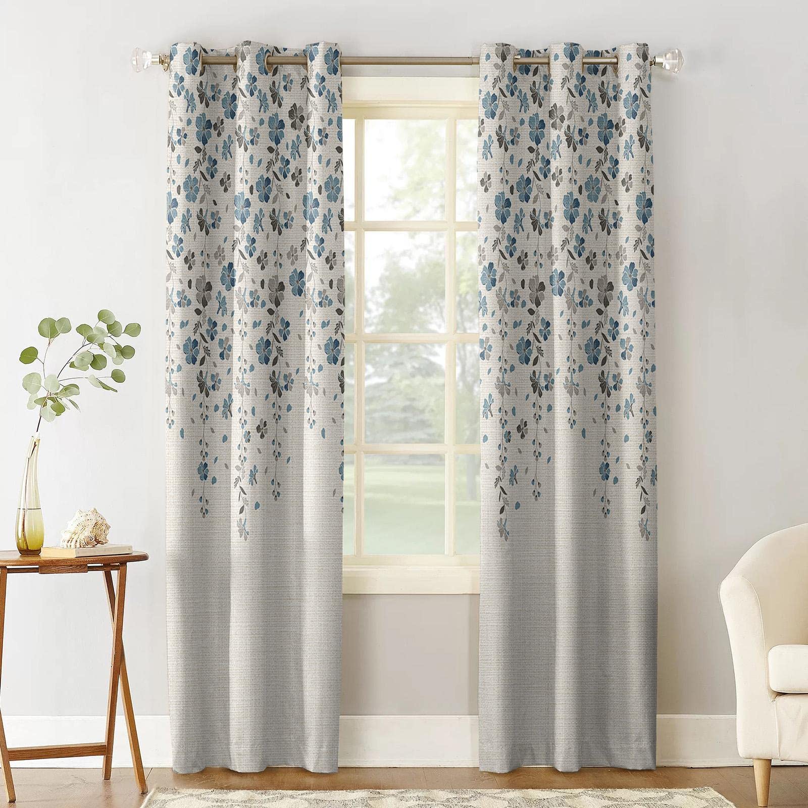 Bleu Gris Fleur Coton Lin Moderne Salon Cuisine fenêtre s Maison Chambre Enfants Chambre décorative s WxL-229x117cm(90x46in) x2