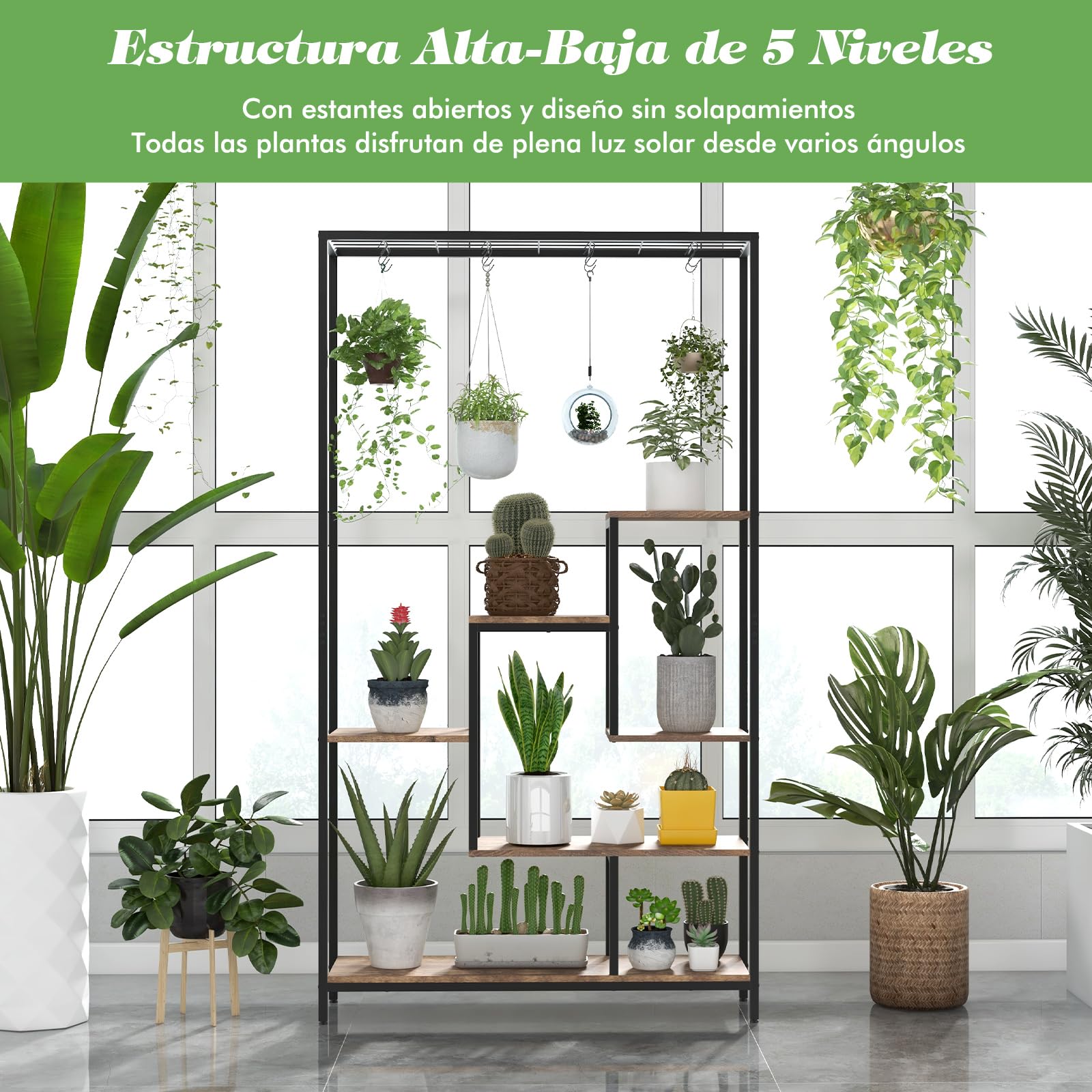 GOPLUS Soporte para Plantas de 6 Niveles, Estante de Exhibición para Macetas con 10 Ganchos para Colgar, Estantería de Metal Vertical Multiuso180 CM para Balcón Salón Interior (Marrón)