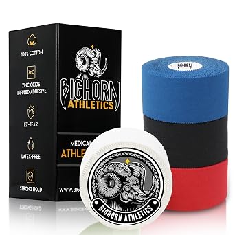 Bighorn Athletics Sports Tape 1.5" 45ft, Black/Blue/Red/White | Supports wrist & ankle in Baseball, Soccer, Boxing, Gymnastics. EZ tear, breathable tape, Zinc oxide adhesive, residue-free.