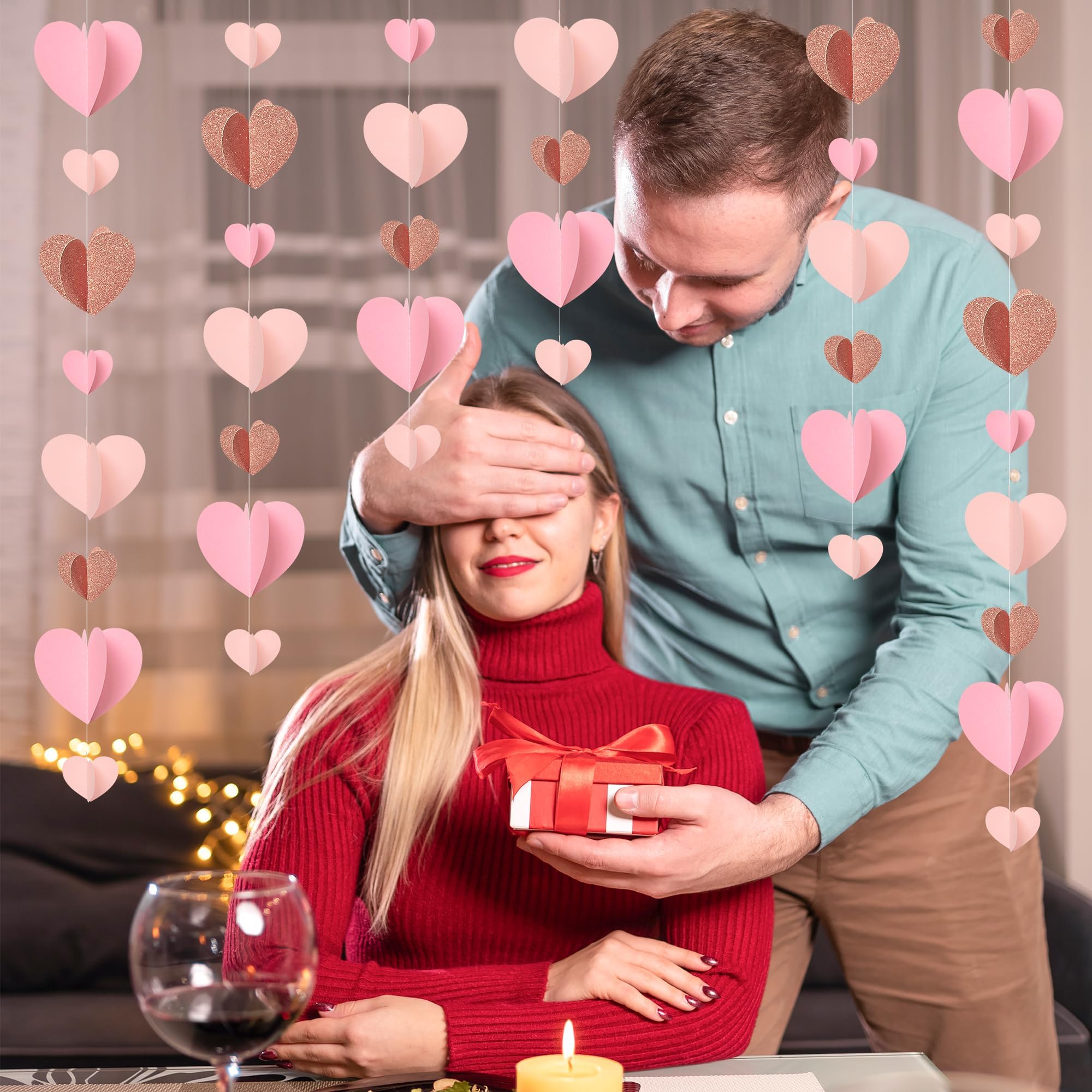CNhoqc 4 guirnaldas de papel en forma de corazón de oro rosa 3D, serpentinas colgantes con temática rosa, guirnaldas románticas en forma de corazón para el día de San Valentín, cumpleaños, boda,