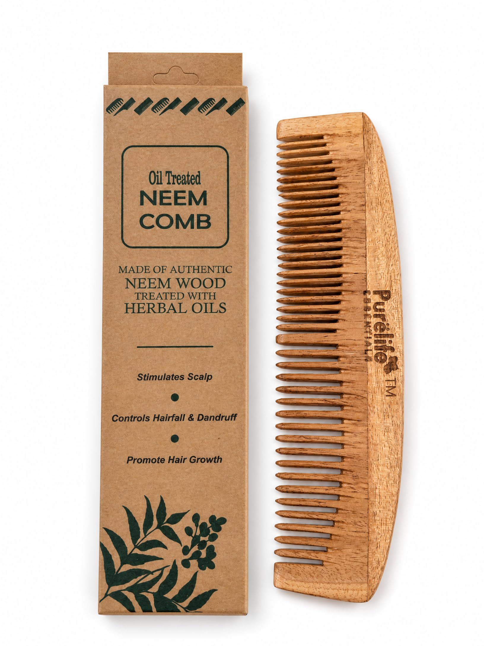 PURELIFE ESSENTIALS Kacchi Neem Wooden Comb, Soaked In 17 Herbs Neem & Sesame Oil For Multi-Actions - Detangling, Frizz Control & Shine,Suited For All Hair Types (Dual Tooth)-image-1