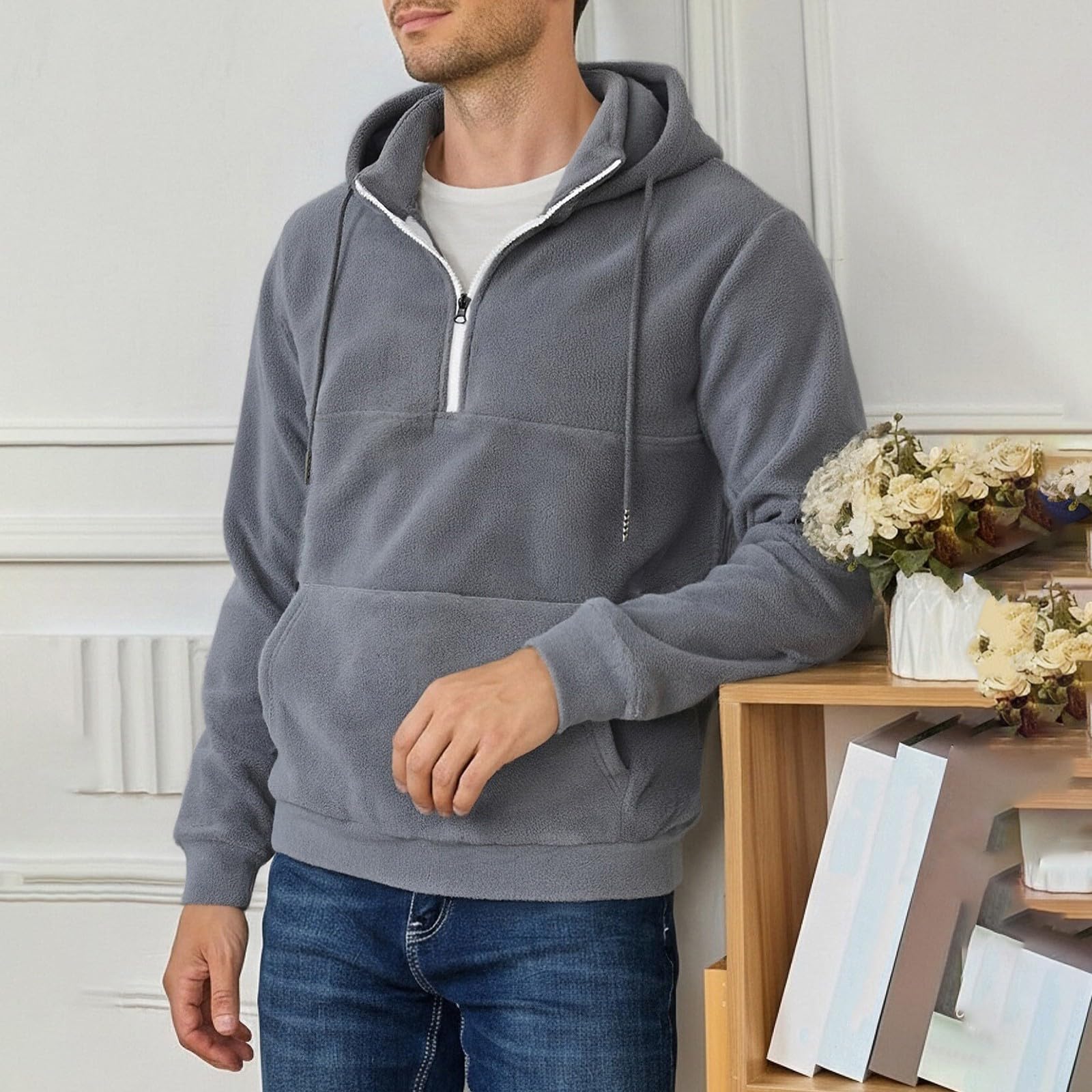 Ropa Anti UV Hombre Sudadera con Capucha Y Cremallera De Un para Hombre, Forro, Manga Larga, Estilo Oversize, Cálida, Bolsillo. Sudaderas Azul (Dark Gray, XXL) Caza Chaquetas Kit Pesca