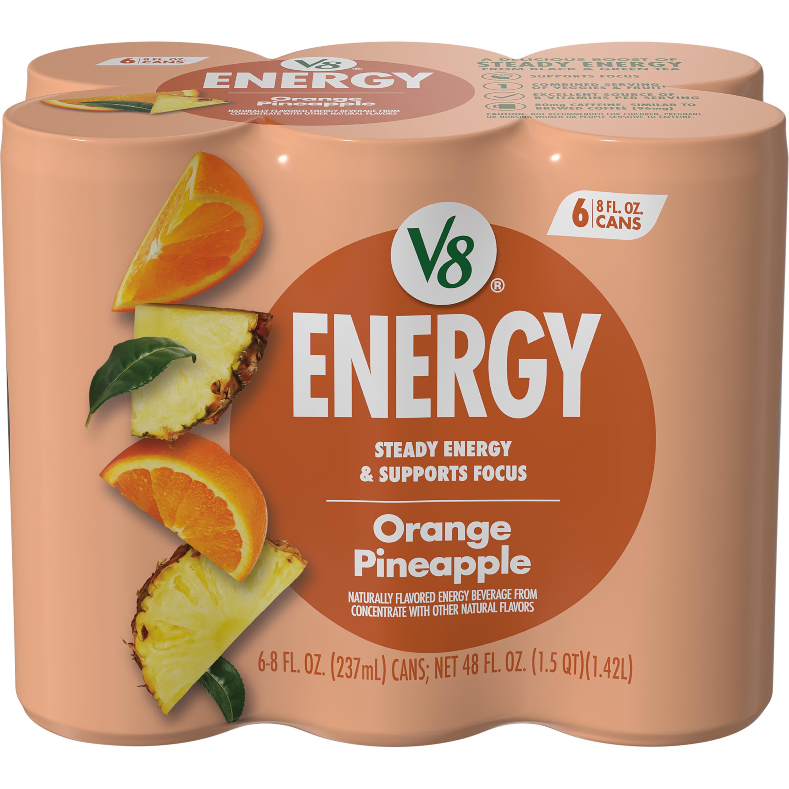 V8 +ENERGY Orange Pineapple Energy Drink, Made with Real Vegetable and Fruit Juices, 8 FL OZ Can (Pack of 6)