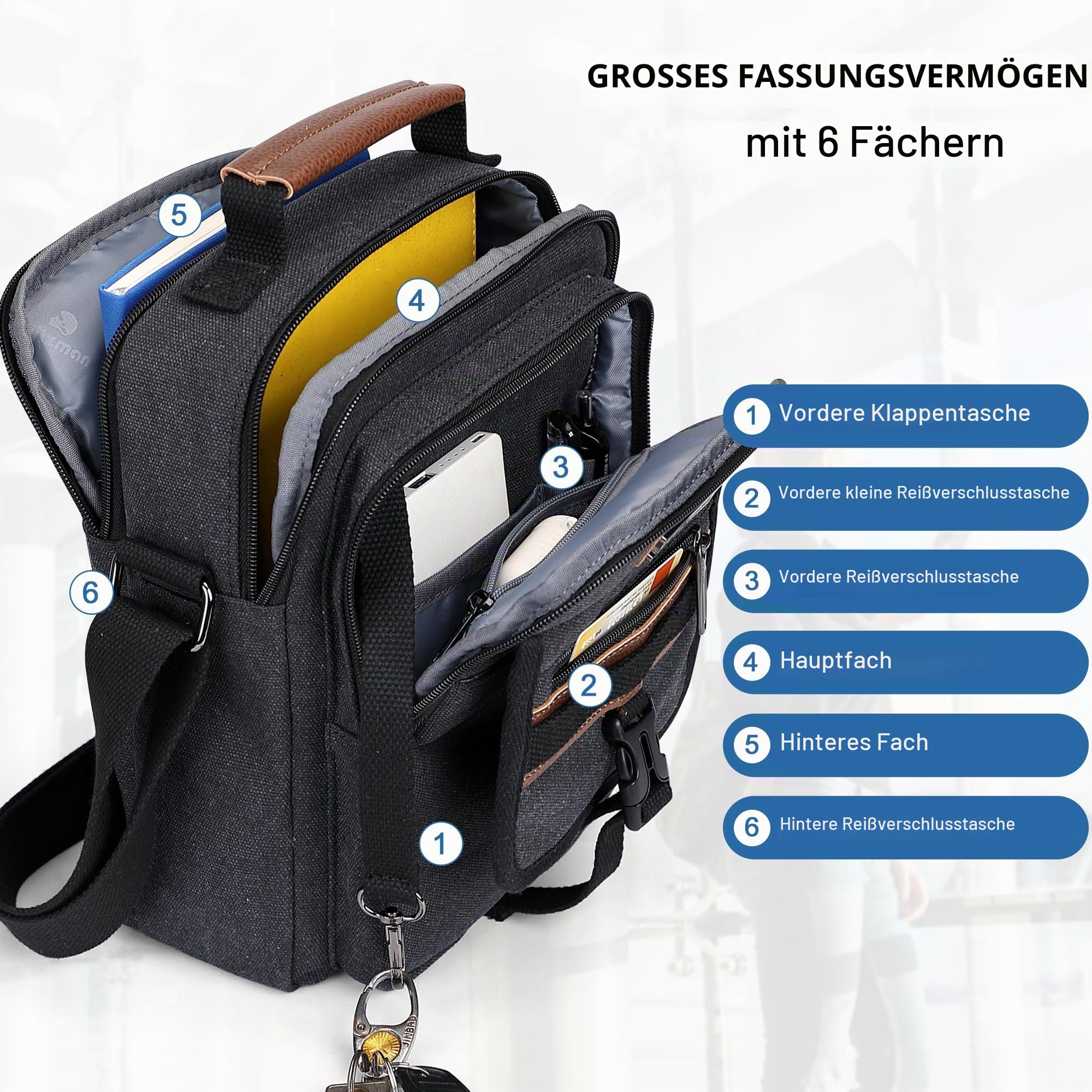 WITZMAN Umhängetasche Herren Canvas Schultertasche Herren Tasche Umhängen Vintage Fit 11 iPad Messenger Bag Herrenhandtasche für Reisen