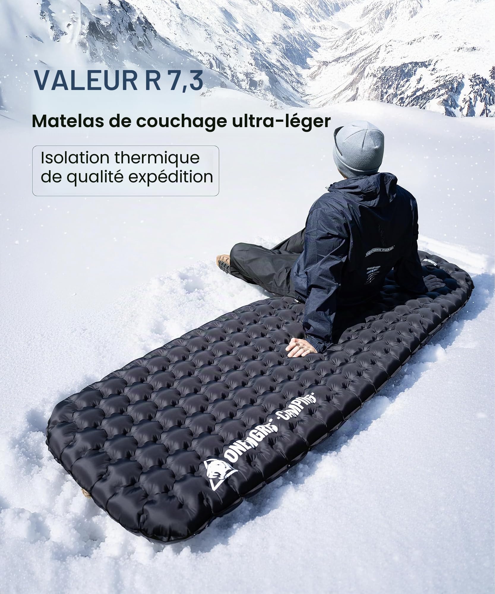 OneTigris NOBLEJADE Matelas isolant d'extérieur pliable avec sac de pompe, 10 cm d'épaisseur, ultra léger, pour 1 personne, matelas de camping gonflable pour la randonnée, la voiture (valeur R 7,3)