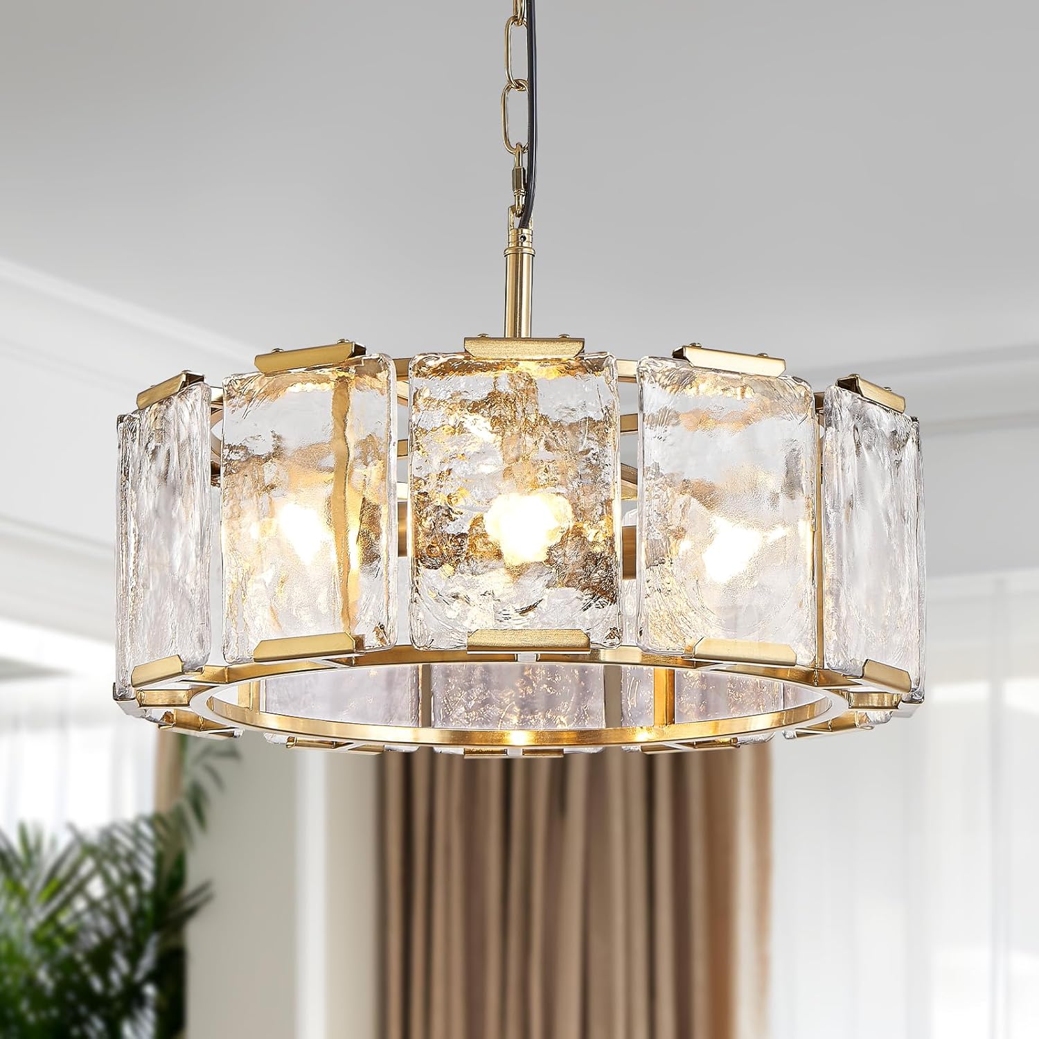 TAKEGO Gold Glass Drum Chandeliers for Dining Room, 17" Gold Chandelier Dining Room Light Fixtures Over Table, Kitchen Chandelier Over Table Hanging Pendant Light Chandeliers for Entryway, Foyer