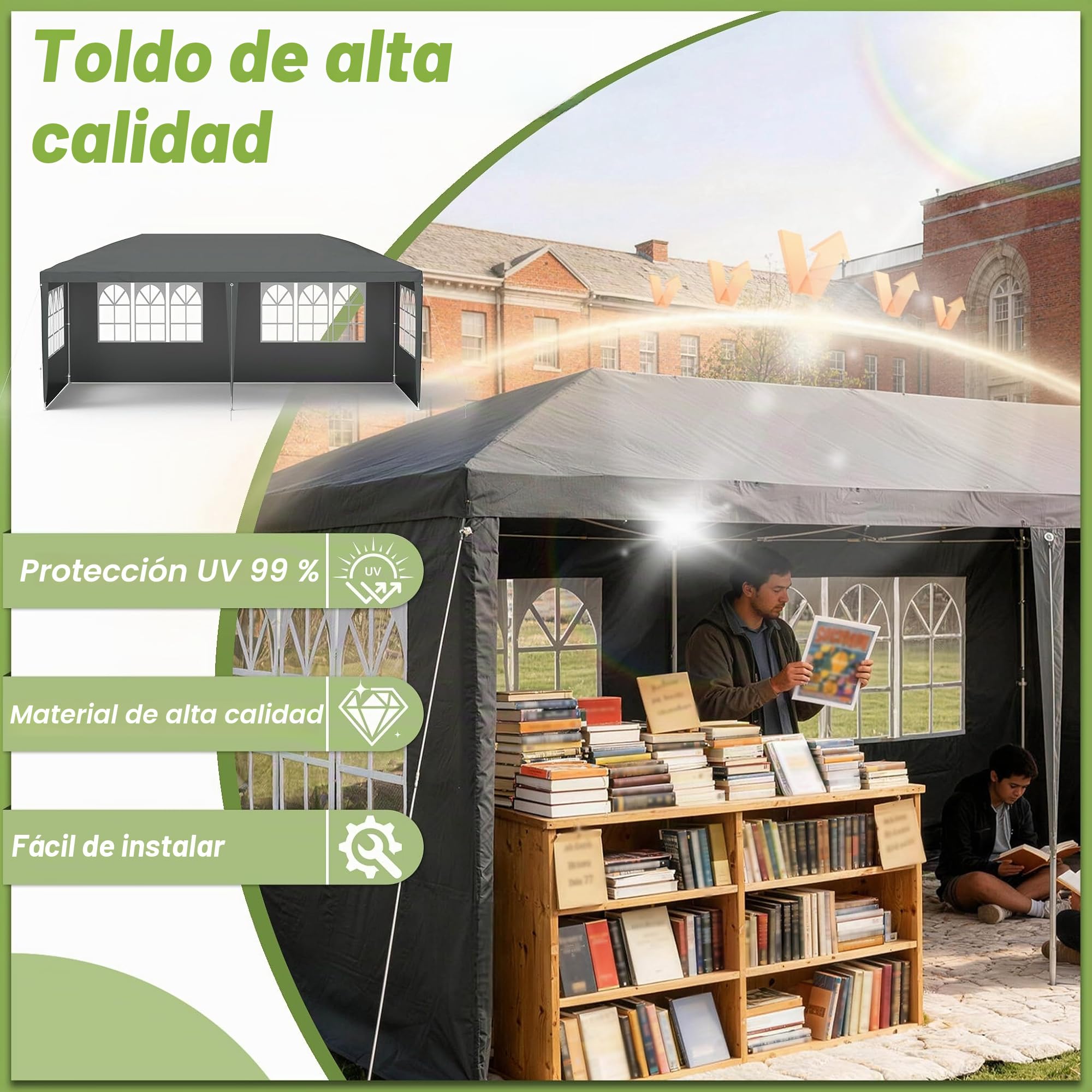 Aufun Carpa para fiestas, 3 x 6 m, resistente al agua, para jardín, exterior, protección UV, con 6 paredes laterales extraíbles y techo, resistente al invierno, camping, color antracita