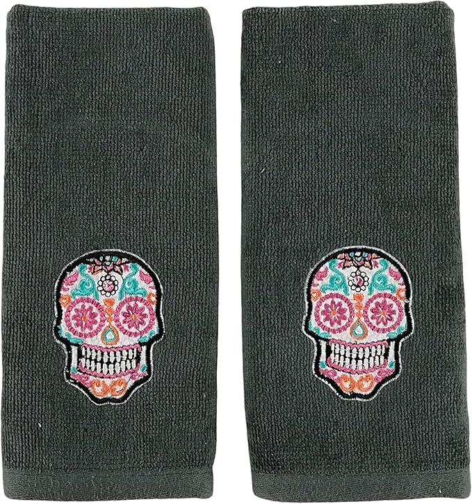 Halloween Bathroom Fingertip Towels Set of 2 – Day of The Dead Día de Los Muertos Sugar Skull Decor 100% Cotton- 11