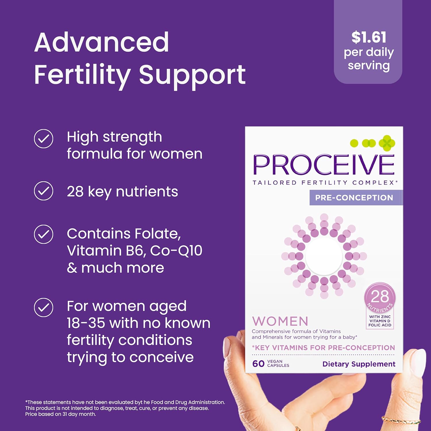 Proceive Tailored Fertility Supplement for Women, Pre Conception Vitamins, Minerals, & Amino Acids with Vitamin D, Zinc, COQ10, Folate, & Vitamin B6, Pre Pregnancy Multivitamin, 60 Vegan Capsules