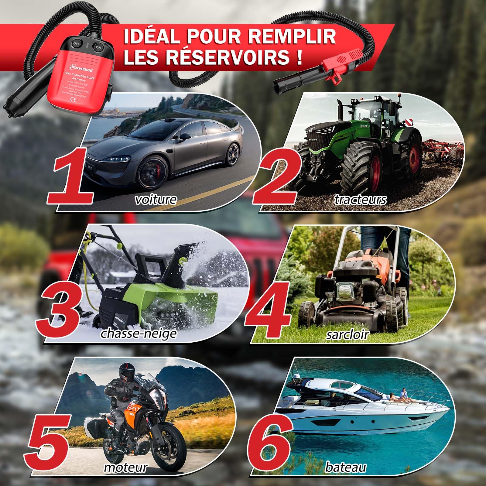 moveland pompe essence electrique 2.2 GPM, sur batterie, 4 adaptateurs | Arrêt automatique, Transfert de liquides efficace, sûr et propre, Pour diesel, essence, voiture, tracteur, tondeuse à gazon