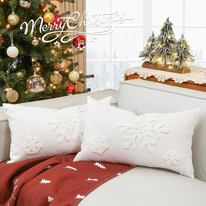 Lewondr Kissenbezug, 2 Pack Dekokissen Hülle mit Schneeflockenmuster, Weihnachten Dekorative Zierkissenbezüge für Sofa Auto Home Schlafzimmer, 30 x 50 cm – Weiß