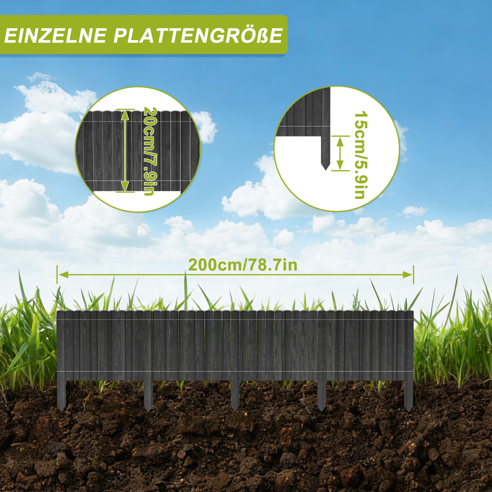 ACXIN Ogrodzenie drewniane z roletą, 200 cm długości, 20 cm wysokości, obramowanie rabatek i obramowanie grządek, palisada ogrodowa, ogrodzenie sztachetowe, krawędź trawnika do rabatek kwiatowych
