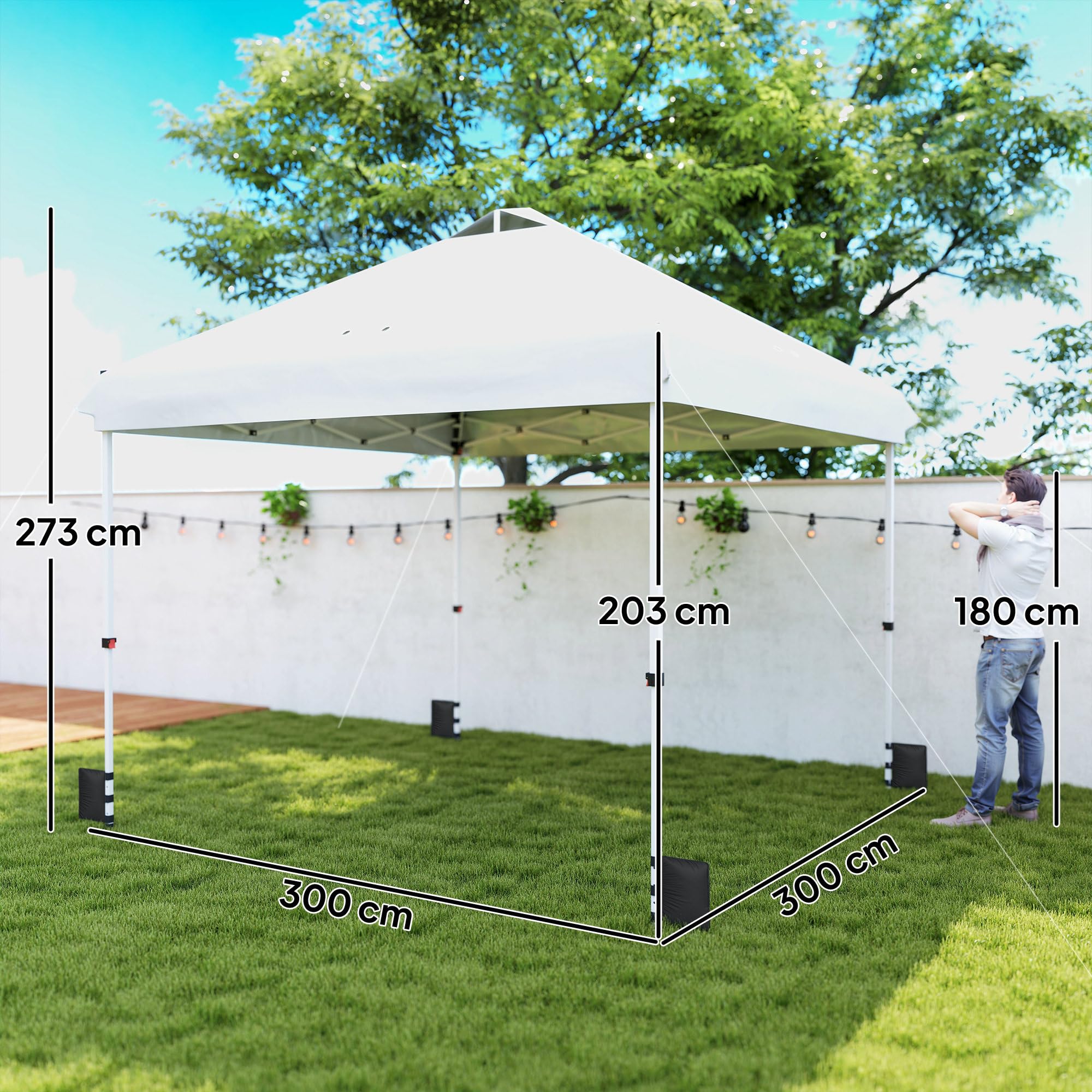 Outsunny Tonnelle de Jardin Exterieur 3x3m, tonnelle Pliante Pop-up avec Roues, Protection Solaire UPF50+, 4 Sacs de Sable, Hauteur réglable, Sac de Transport, Blanc