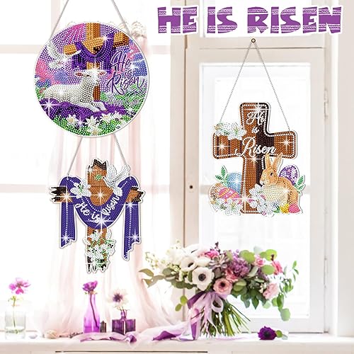 Miniatura 2 de Menkxi 3 piezas He is resucitado con pintura de diamante de Pascua 5D Pascua religiosa cristiana Jesús cruz kits de arte de diamantes para adultos