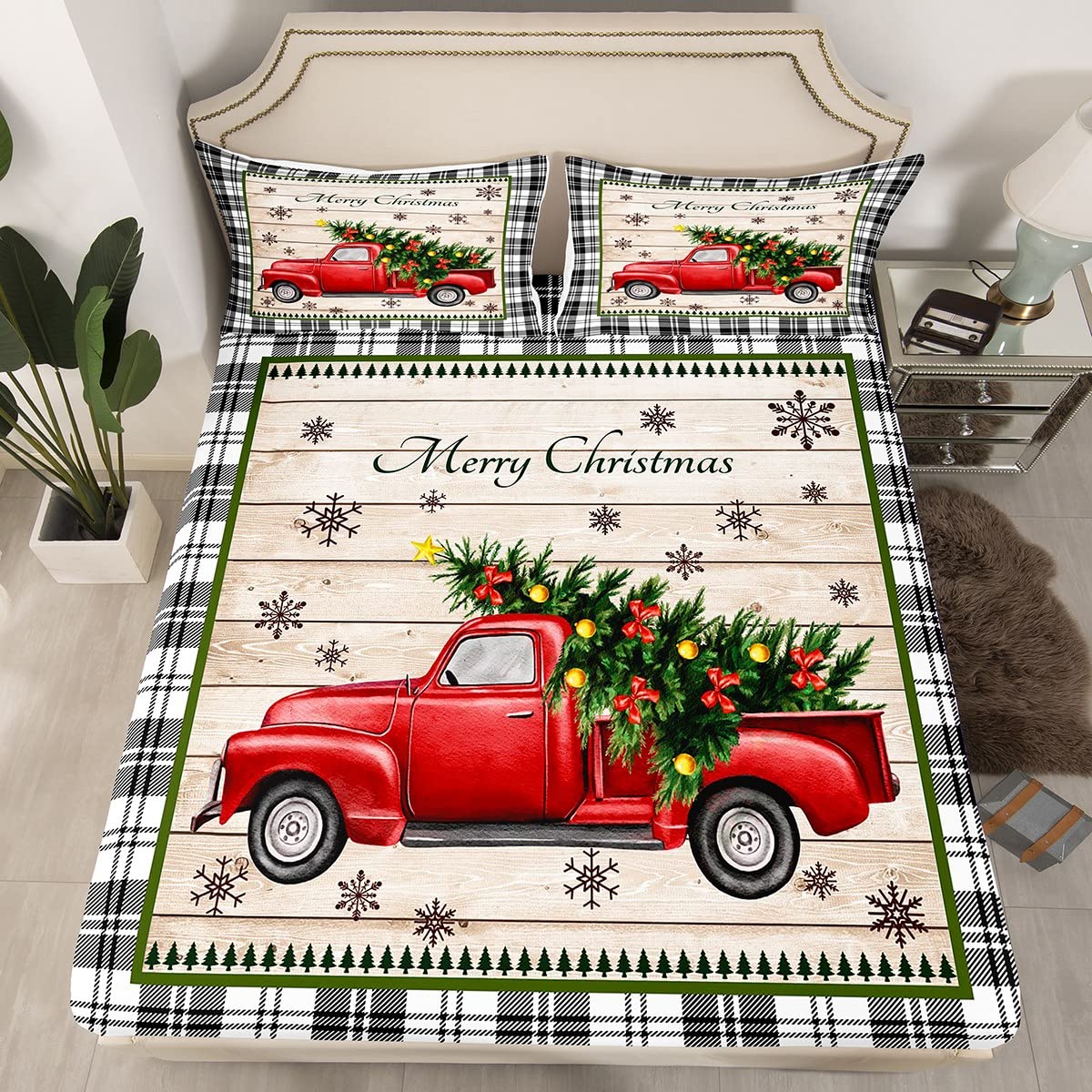 Kids Christmas Truck Fitted Sheet Single Size,Rustic Wooden Plank Snowflake Bedding Set,Girls Boys Adult Room/Xmas Cabin Decor,Geometric Grids Bed Cover,Holiday Bedding,2pcs,1 Pillowcase