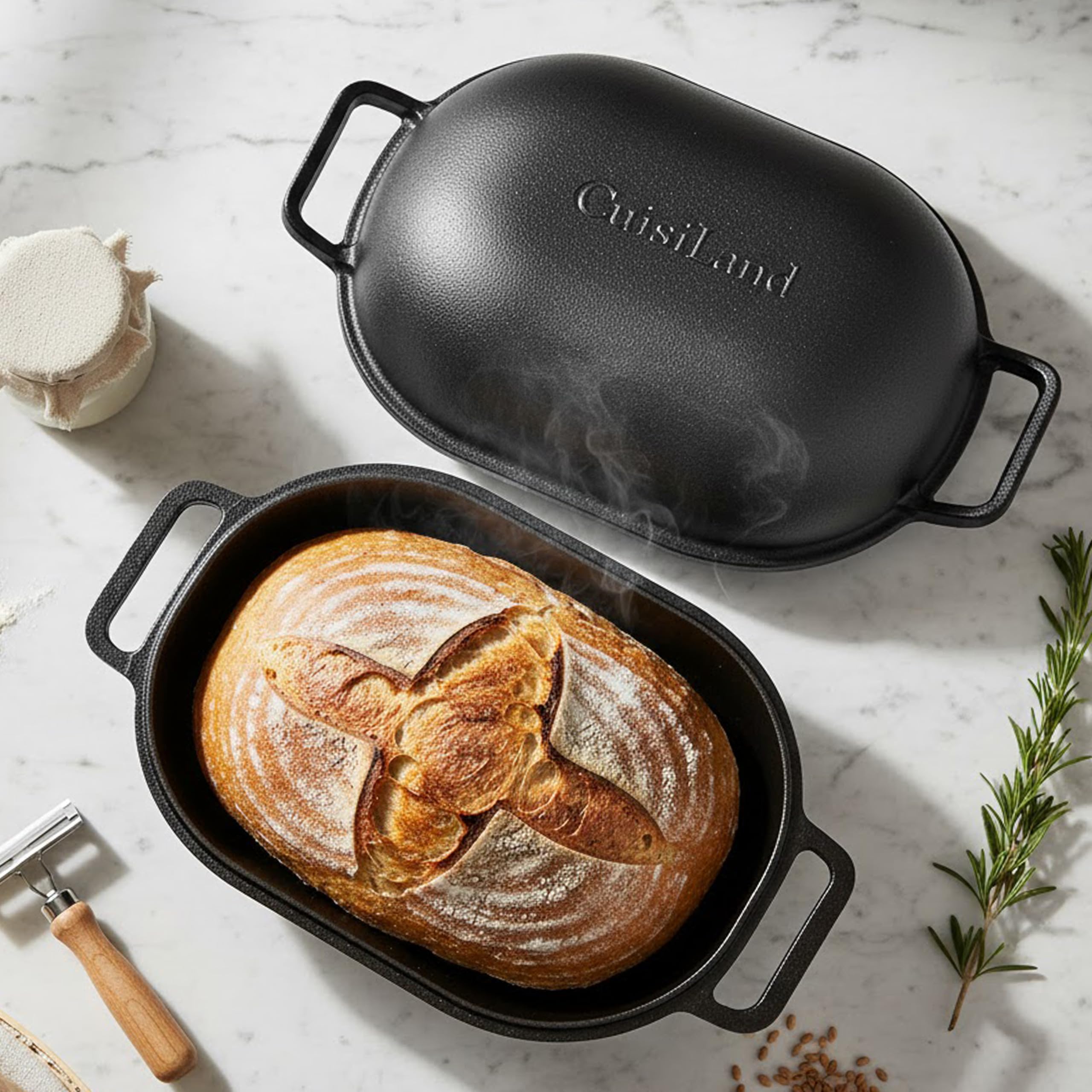 Cuisiland 9QT Extra große vorgebrannte Gusseisen-Brotpfanne mit Deckel – robuster Kastenofen, voreingebrannt, ofenfest, überprüfen Sie die Größe vor der Bestellung | Robust, vorbeschichtet, perfekt zum Backen