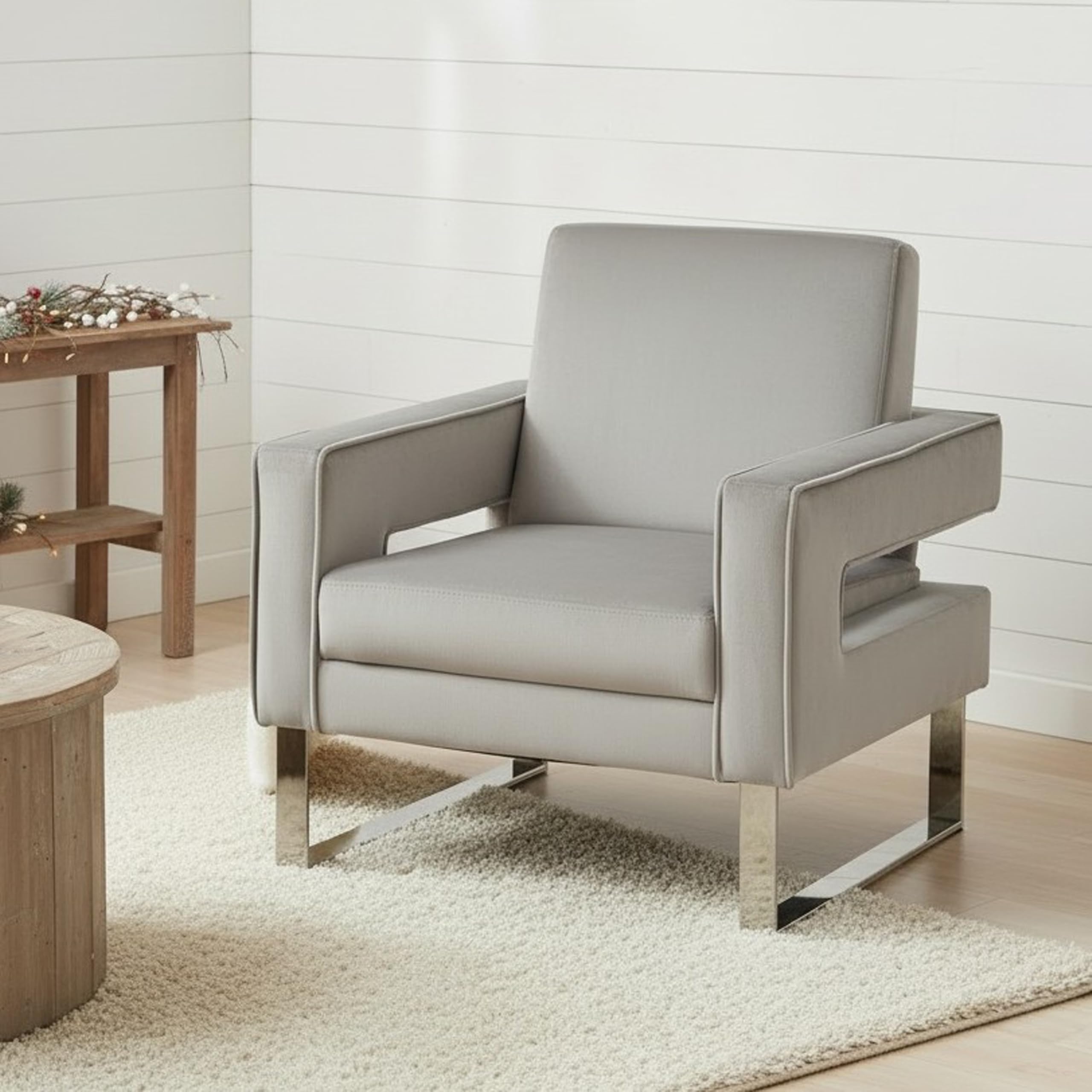 Arvasslia Velvet Accent Chair, Modern Grey Accent Chair for Living Room, Upholstered Living Room Chair for Home Office, Stainless Steel Sliver Base