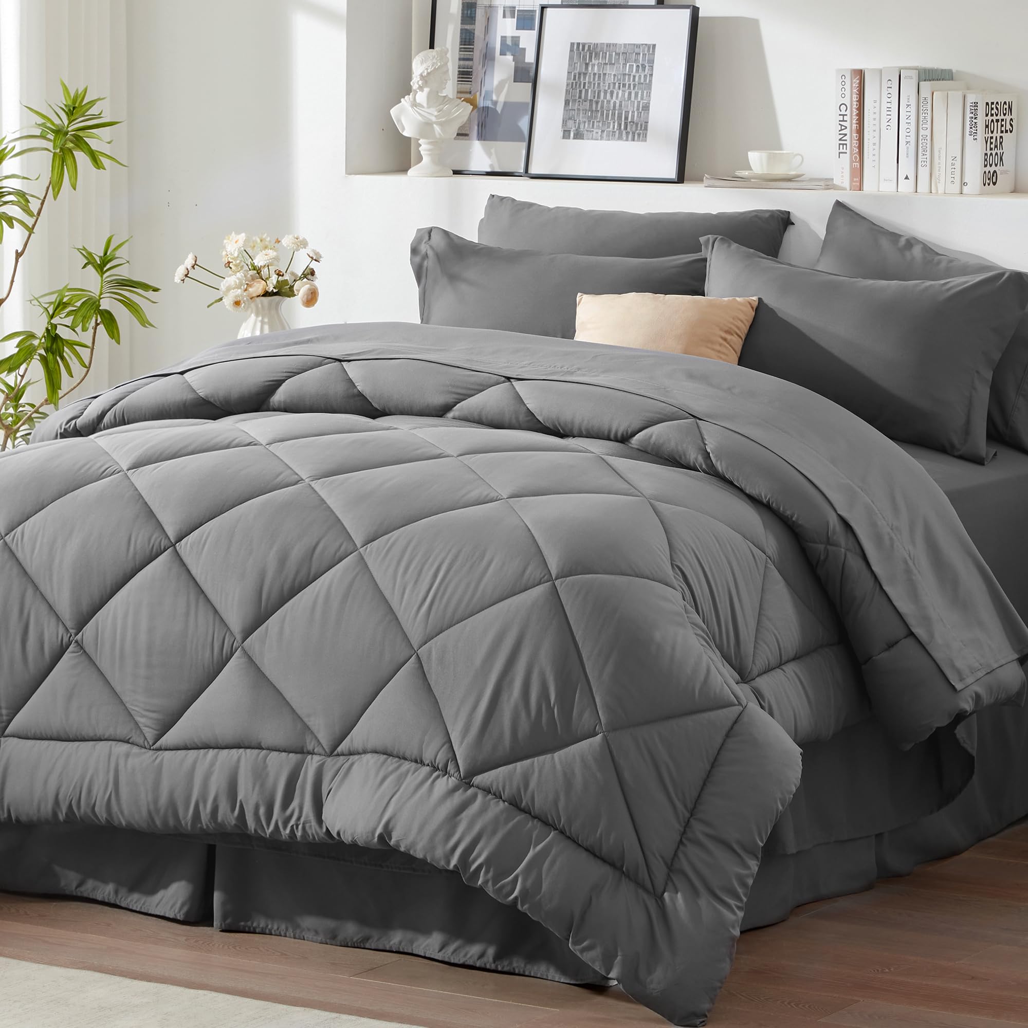 Newspin Full Comforter Set 8 Pieces Bed in a Bag Soft Bedding Set Grey | All Seasons Fluffy Comforter Set, Sheet Set with Stitch Comforter, Luxury Bed Set with Sheets, Comforter, Pillowcases & Shams