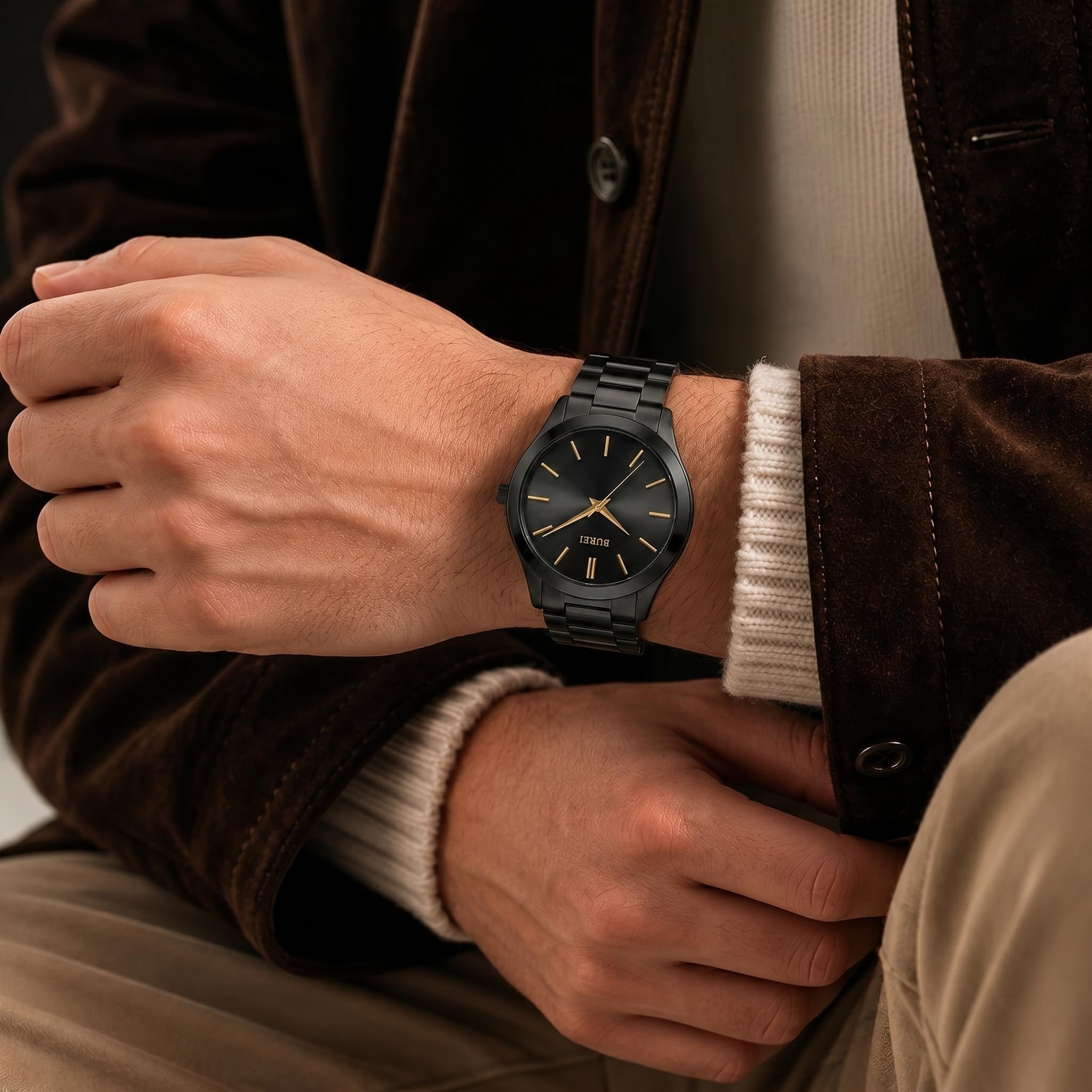 BUREI Herren-Armbanduhr, modisch, analog, Edelstahl, Quarz, wasserdicht, Geschenk für Herren.