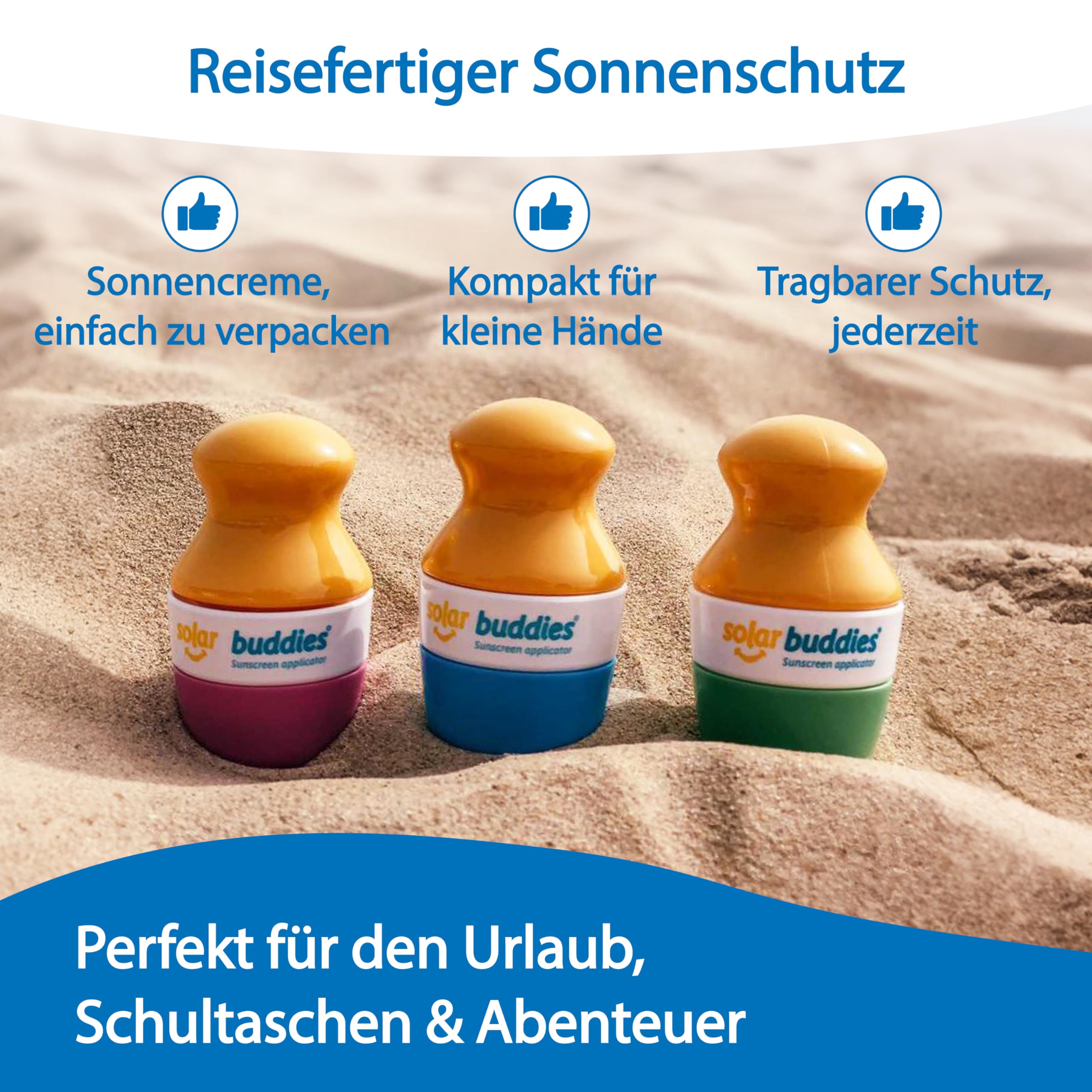 Solar Buddies Nachfüllbarer Roll-on Schwammapplikator für Sonnencreme 100ml Pink Blau Grün
