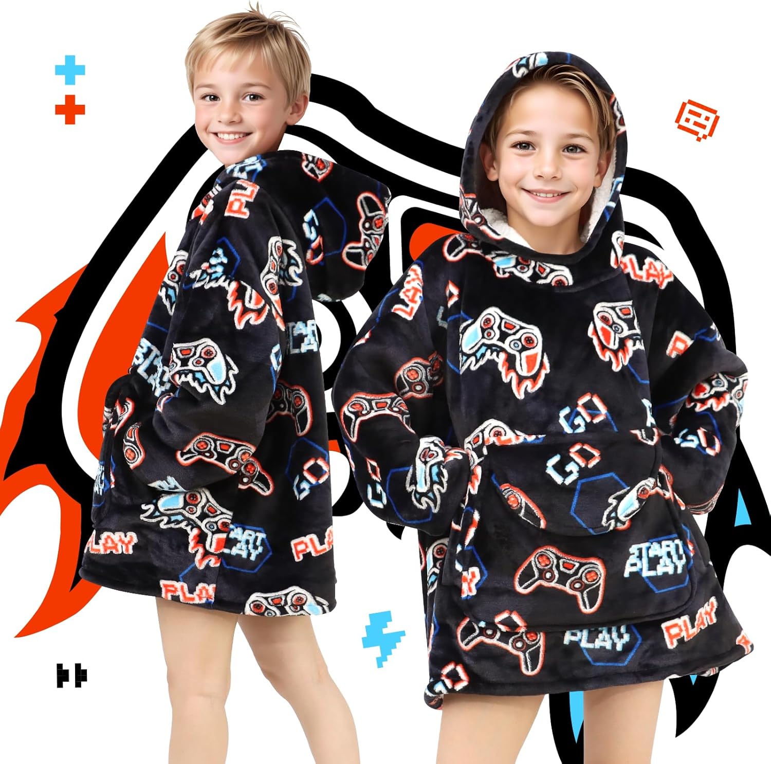 REXEO Wearable Blanket Hoodie for Kids Fleece Sweatshirt Blanket Gamer Gifts for Boys Girls Flannel Hooded Blanket with Pocket and Sleeves for Kids - Image 4