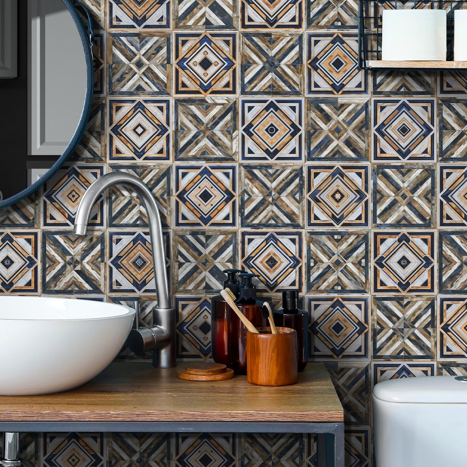 LMYSXAOZ Stick on Tiles 15x15cm Blue Beige Geometry Peel and Wall Stickers Waterproof Oil Proof PVC Decorative for Bathroom Washroom Bedroom,Floor