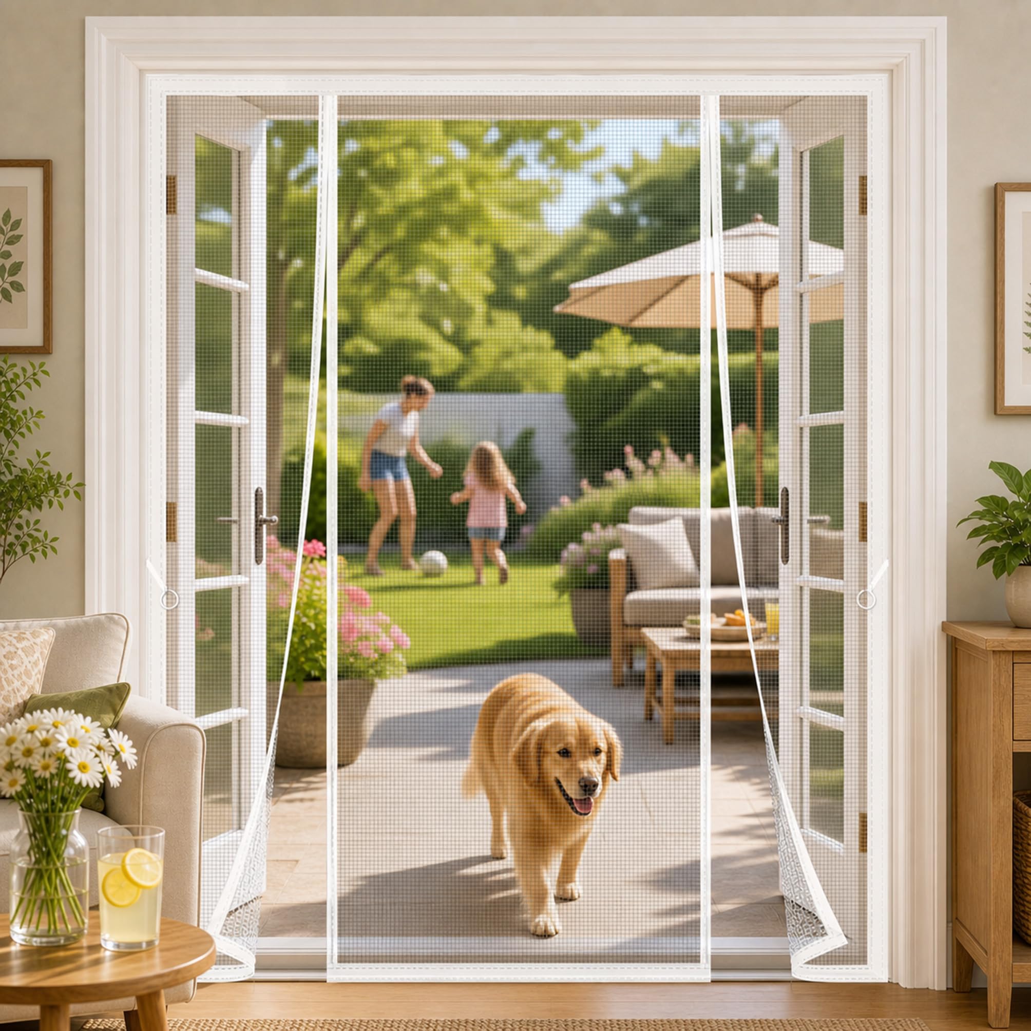 Fly Screen for Large Doors White 175x230cm Fibreglass Fly Screen with Central Entry with Bottom Weights and Neat Door Frame Fit Designed for Busy Family Doorways Garden Room Doors Flat Balcony Use