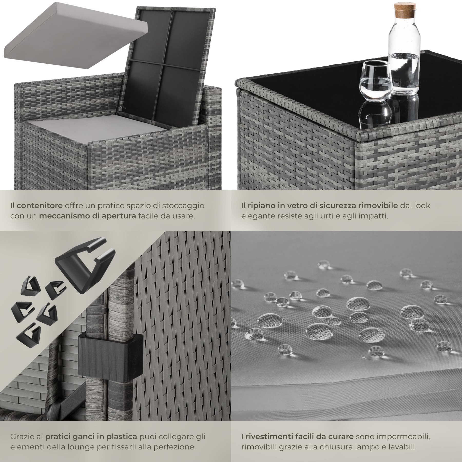 Salottino in Rattan Tectake Set da Conversazioni con Tavolo in Vetro e Box Contenitore Grigio