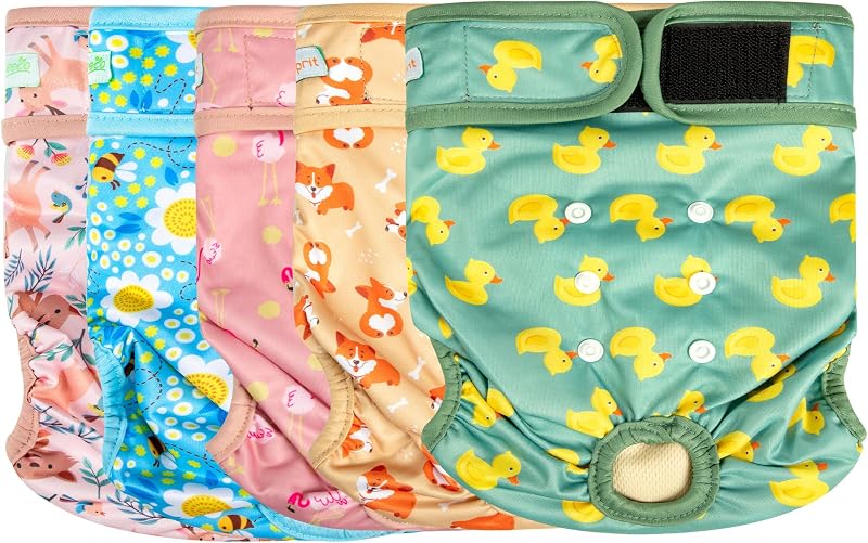 Female Dog Diapers for Doggie Puppy,Reusable Dog Period Diapers Female for Heat Peeing,Small Medium Large Doggy Diaper Washable,Dogs Pants 5 Pack, Duck, Small