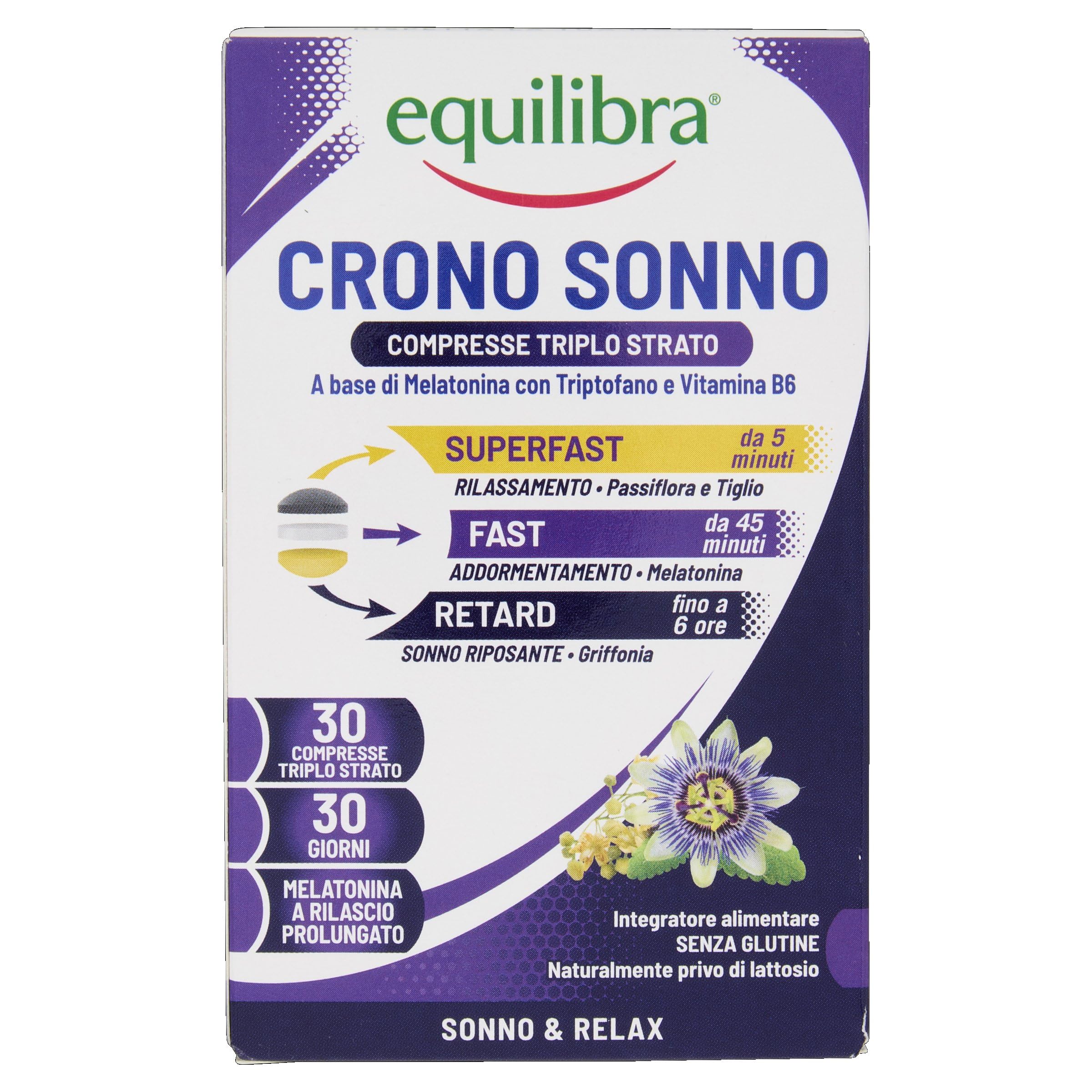 Equilibra Crono Sonno, Melatonina in Compresse Triplo Strato, Rilascio Prolungato fino a 6 ore, Rilassamento e Addormentamento, Tecnologia Super Fast + Fast + Retard, Vegan, Senza Glutine e Lattosio