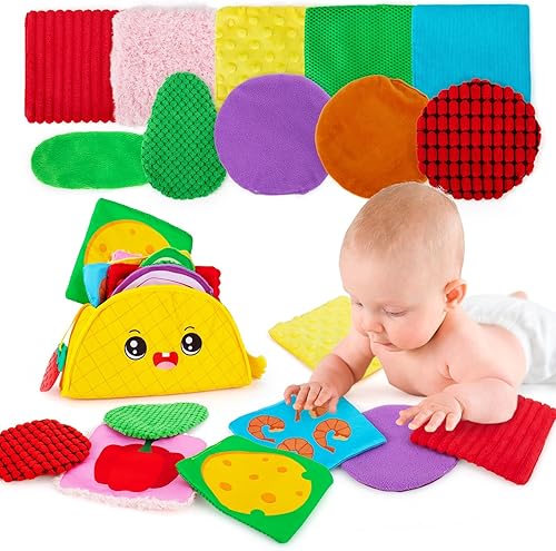 Juguete infantil con relleno de taco suave multisensorial, 10 piezas de tela en forma de alimento, juguete sensorial de textura con 2 mordedores,