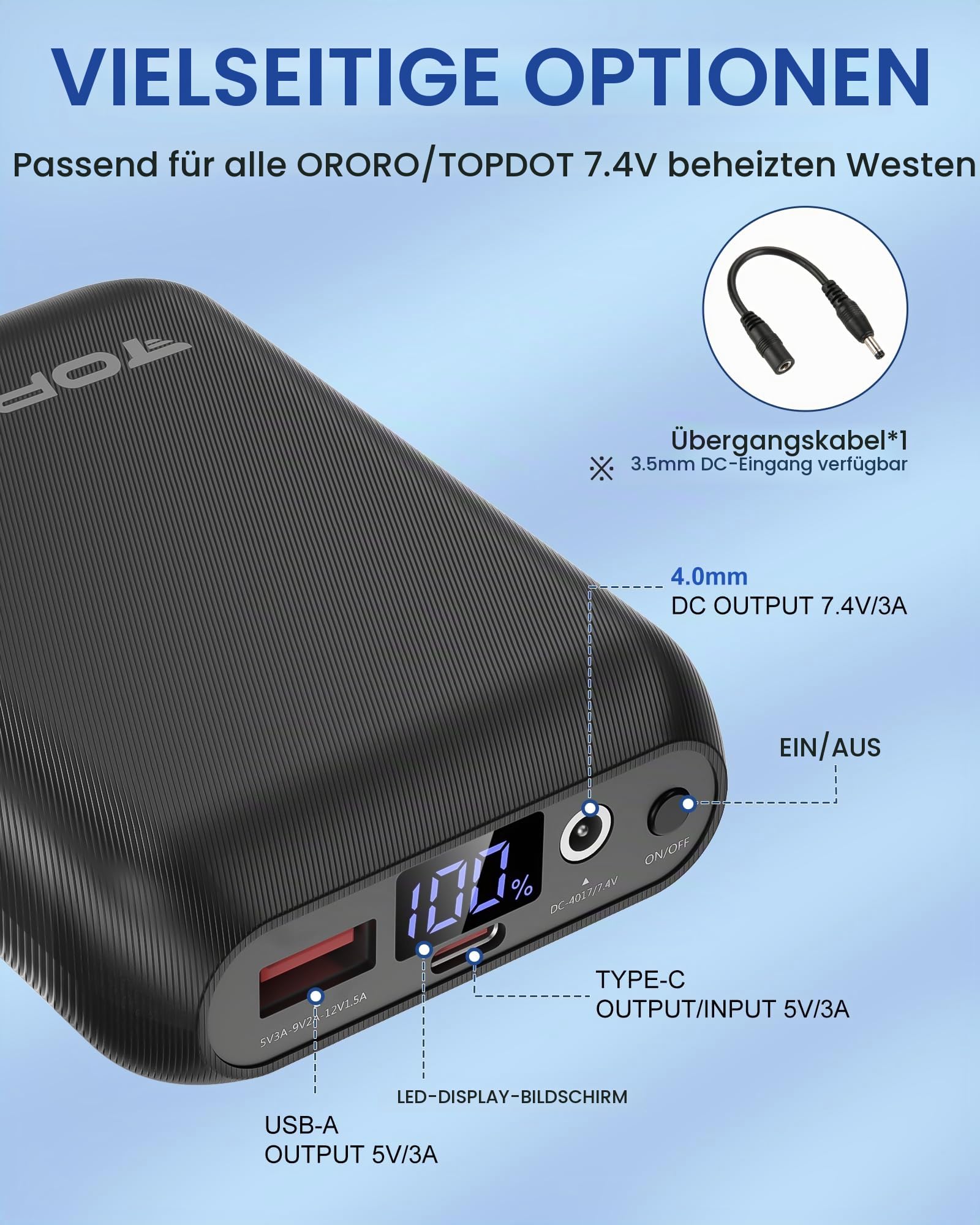 Topdot 16000mAh Powerbank für Heizweste, Beheizbarer Westen-Akkupack, DC- und USB-Ausgangsanschlüsse,7,4 V/5 V 16000mAh