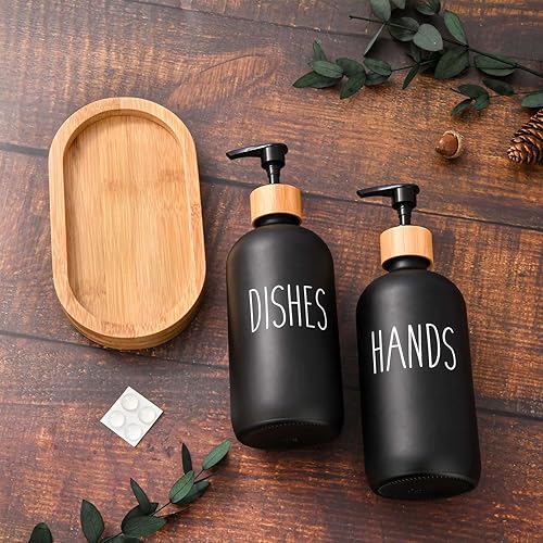 Miniatura 7 de HULISEN Juego de dispensador de jabón para platos con bandeja alta de bambú, juego de dispensador de jabón de cocina, juego de dispensador de jabón