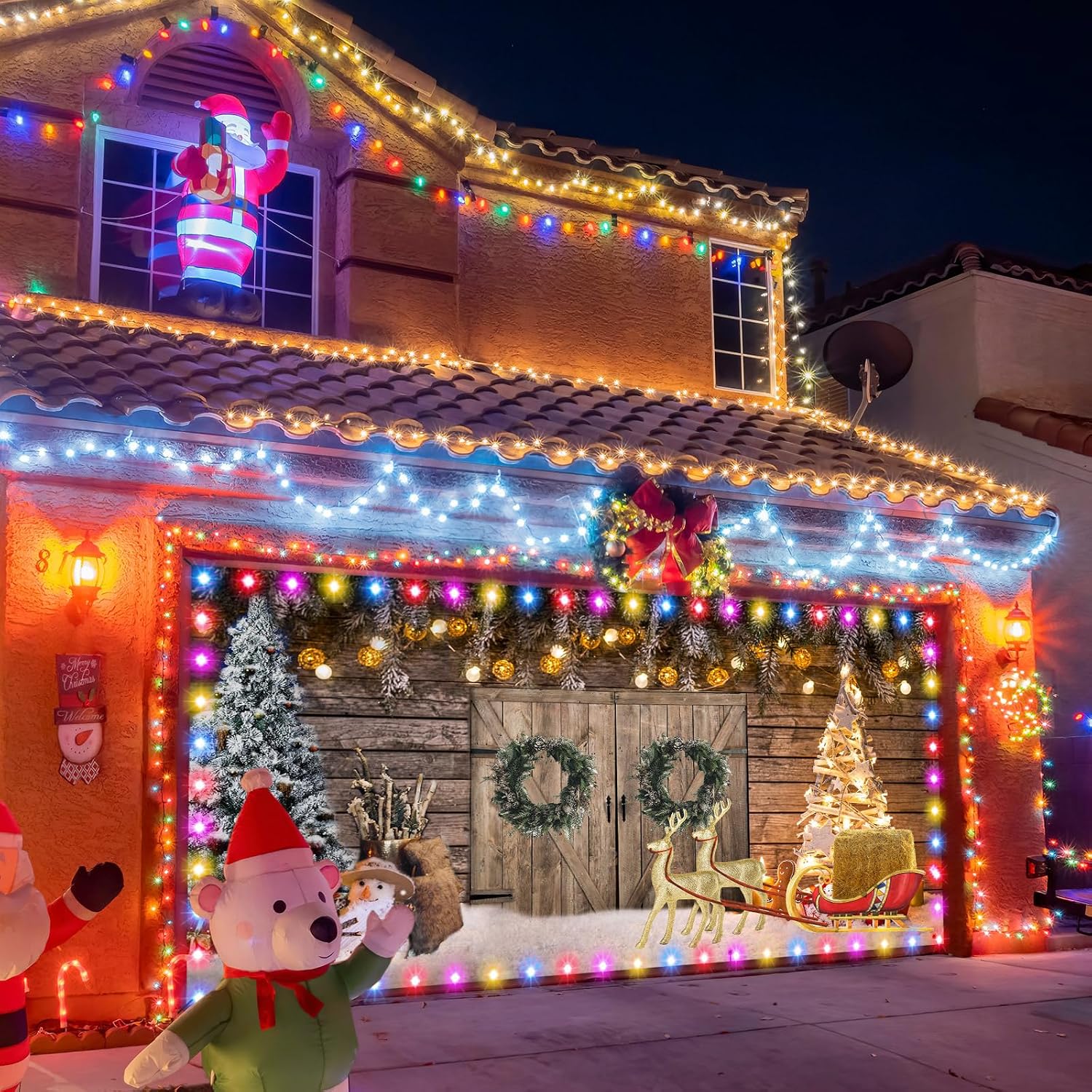 Ganeen 6.4x16 ft LED 2025 Christmas Garage Door Banner String Light Large Rustic Xmas Garage Door Decorations Xmas Banner Cover Backdrop Holiday Cover Decoration(Granary)