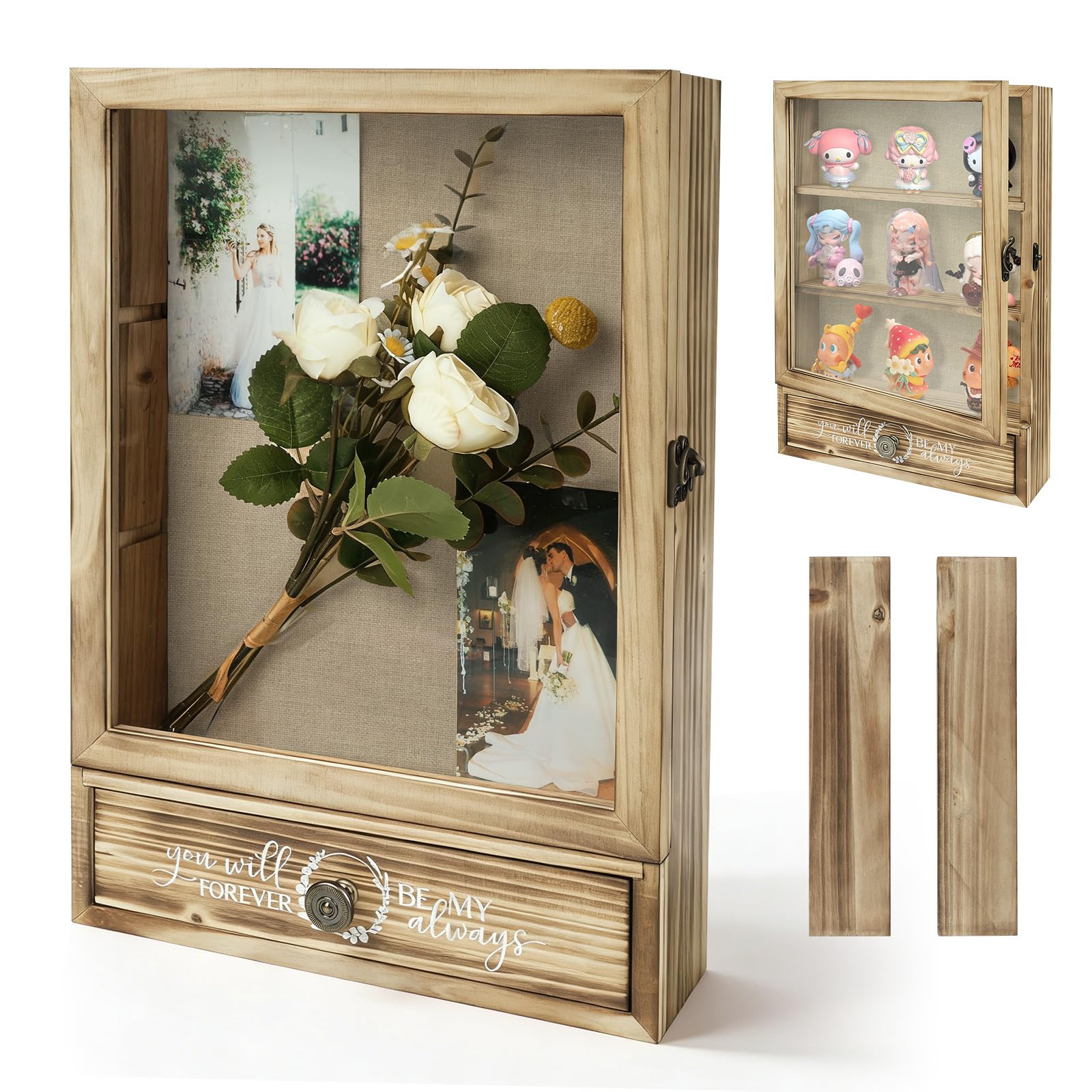 Photo 1 of 11" x 16" Shadow Box Display Case & Shadow Box Frame - Wooden Wedding Shadow Box with High-Definition Glass, Removable Shelves, Drawer and Linen Lining, for Preserving Photos, Flowers and Keepsakes
