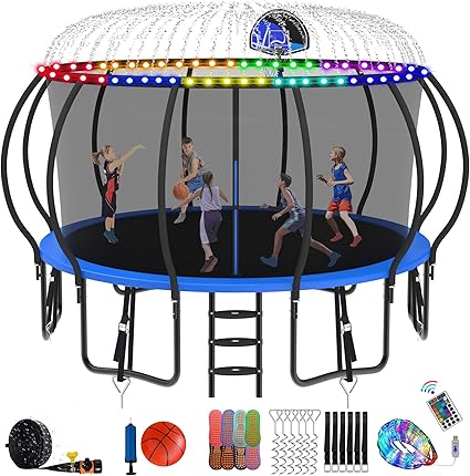 DeepRoar Tranpoline 8/10/12/14/15/16FT Pumpkin Tranpoline for Kids, Heavy Duty Outdoor Tranpolines with Basketball Hoop, Safety Enclosure Net, Light, Sprinkler, Socks, ASTM Approved