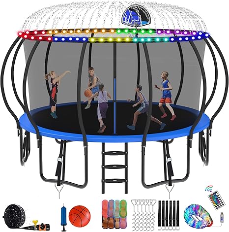 DeepRoar Tranpoline 8/10/12/14/15/16FT Pumpkin Tranpoline for Kids, Heavy Duty Outdoor Tranpolines with Basketball Hoop, Safety Enclosure Net, Light, Sprinkler, Socks, ASTM Approved