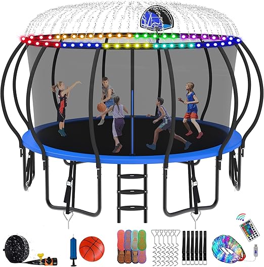 DeepRoar Tranpoline 8/10/12/14/15/16FT Pumpkin Tranpoline for Kids, Heavy Duty Outdoor Tranpolines with Basketball Hoop, Safety Enclosure Net, Light, Sprinkler, Socks, ASTM Approved