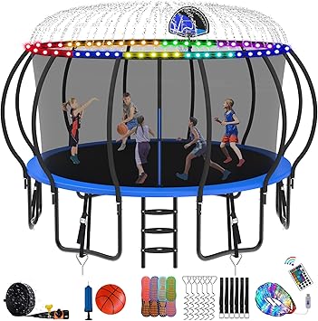 DeepRoar Tranpoline 8/10/12/14/15/16FT Pumpkin Tranpoline for Kids, Heavy Duty Outdoor Tranpolines with Basketball Hoop, Safety Enclosure Net, Light, Sprinkler, Socks, ASTM Approved
