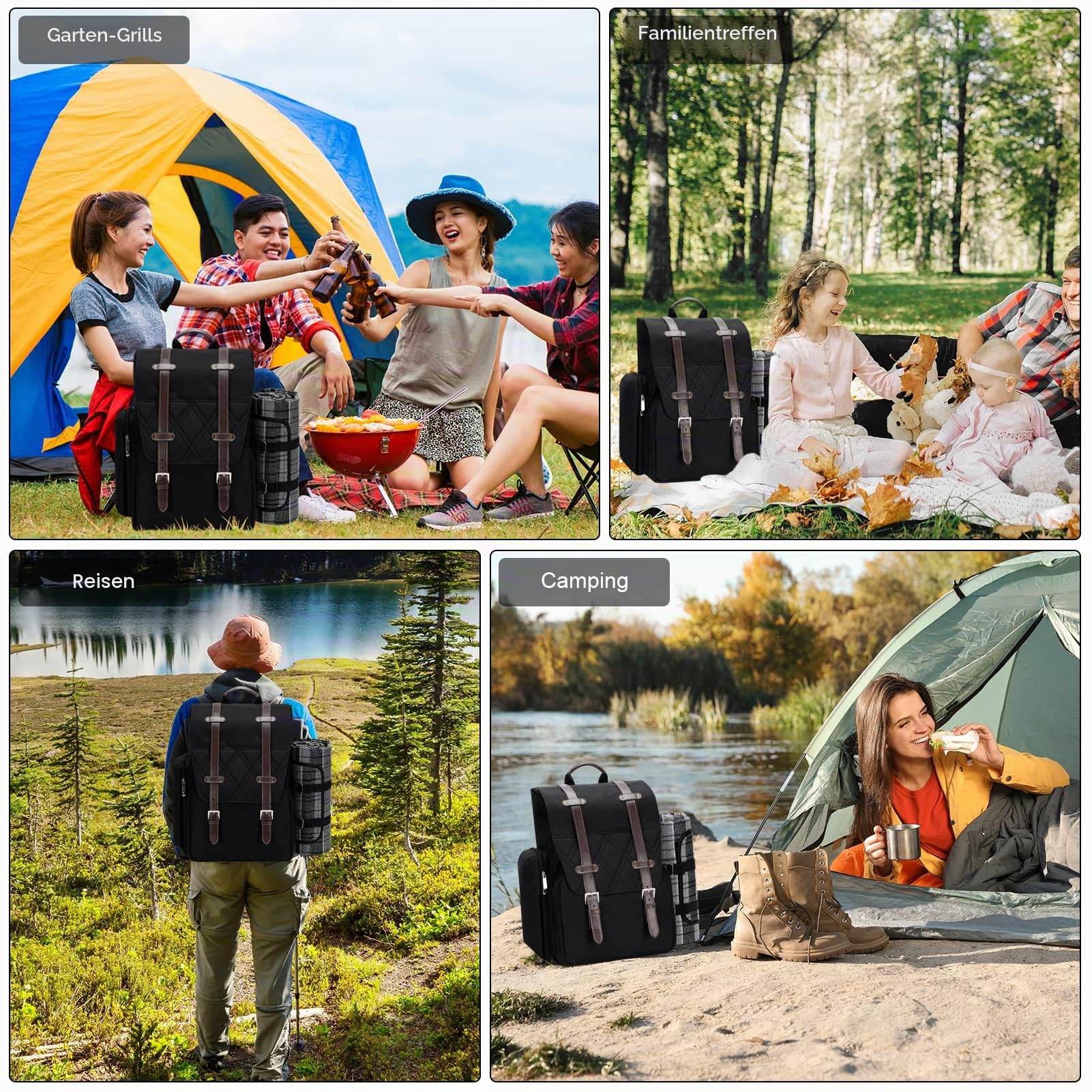 Picknick-Rucksack für 2 Personen mit großer isolierter Kühltasche, Picknickkorb-Set mit Weinbeutel, Party, Hochzeitsgeschenk für Paare. 2P-Schwarz