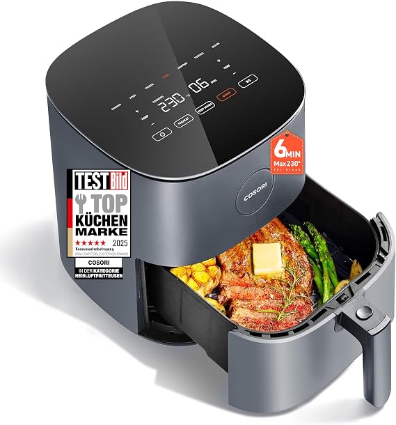 COSORI Airfryer 4.7L 7-in-1 Hot Air Fryer Max 230°C & 55dB Quiet Hot Air Fryer 100+ Rezpete 55% Energy Saving Dishwasher Safe Light Grey L501