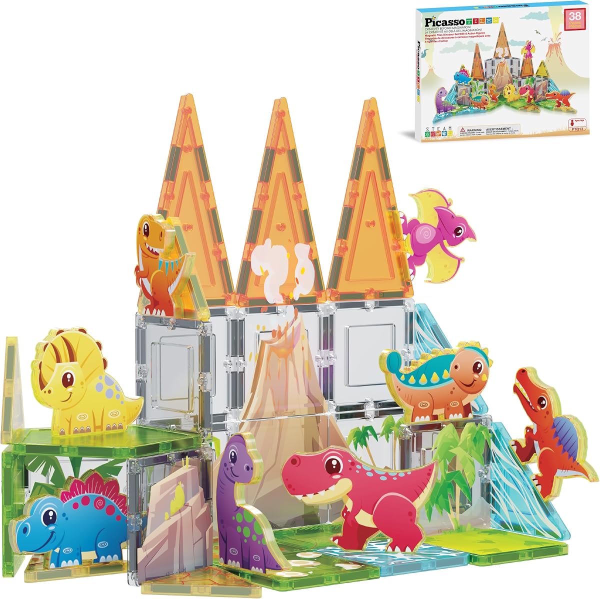 PicassoTiles Azulejos magnéticos de dinosaurio, juego de juguetes de bloques de construcción STEM a partir de 3 años | 38 piezas, 8 figuras de acción, vibrante mundo jurásico, actividad sin pantallas, reconocimiento de formas de colores, plástico duradero sin BPA