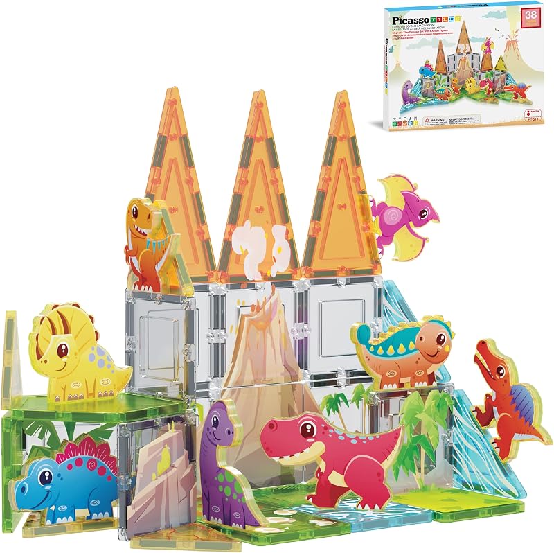 PicassoTiles Azulejos magnéticos de dinosaurio, juego de juguetes de bloques de construcción STEM a partir de 3 años | 38 piezas, 8 figuras de acción, vibrante mundo jurásico, actividad sin pantallas, reconocimiento de formas de colores, plástico duradero sin BPA