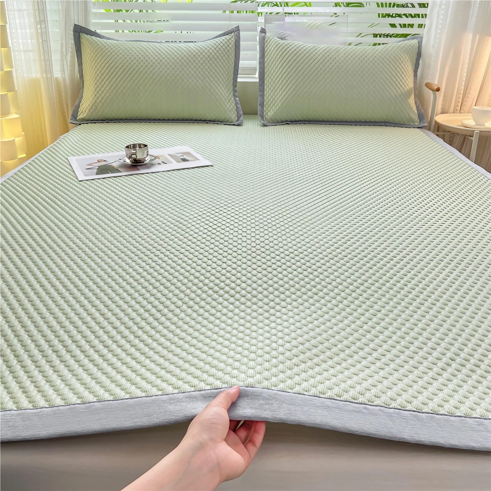 Sábanas Frías para El Verano - Juego De Sábanas Ajustables - Cubrecolchón Refrescante con Funda De Almohada - Funda Colchón De Seda Helada Lavable(Green,120 x 200 cm+1 Pillowcase)